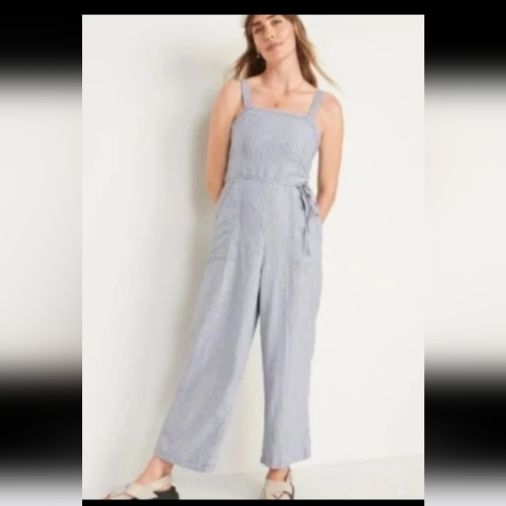 Old Navy Linen Blend Striped Tie Belt Wide Leg Jumpsuit
